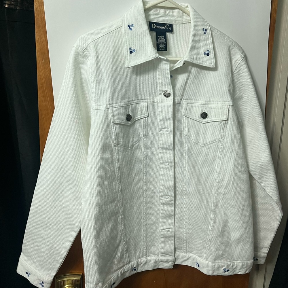 Denim & Co Womens White Blue Embroidered Floral Jean Jacket Coat Size S